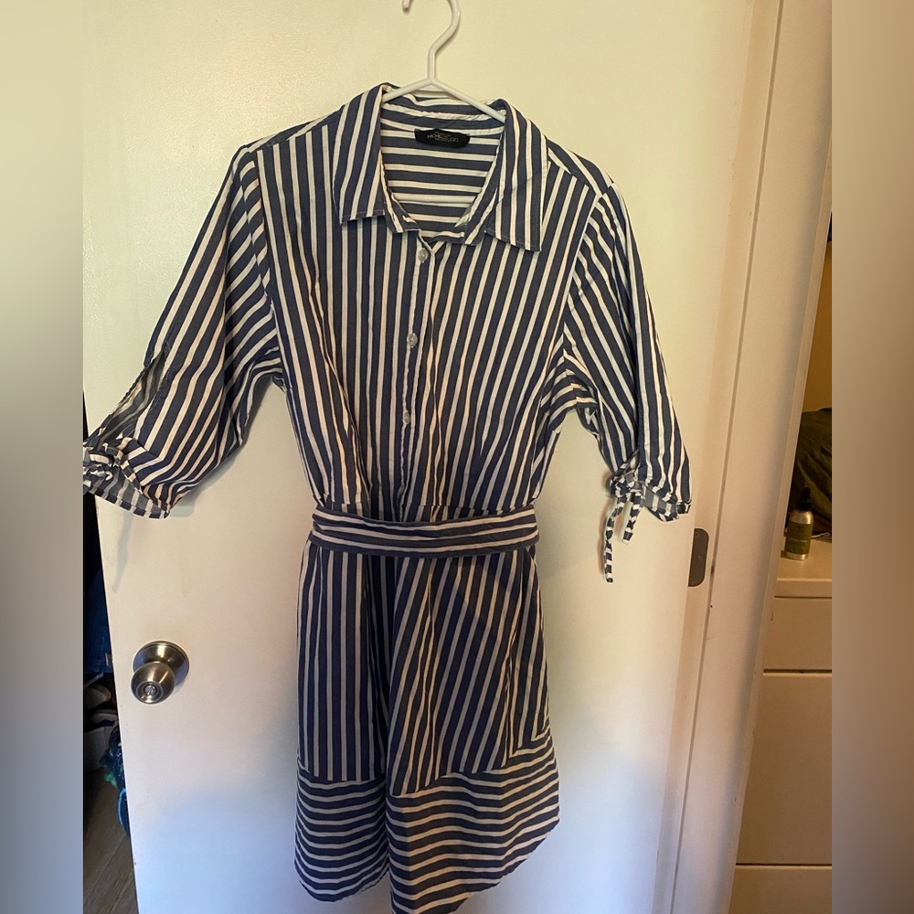 Michel Studio Navy and White Striped 3/4 Sleeve Dress